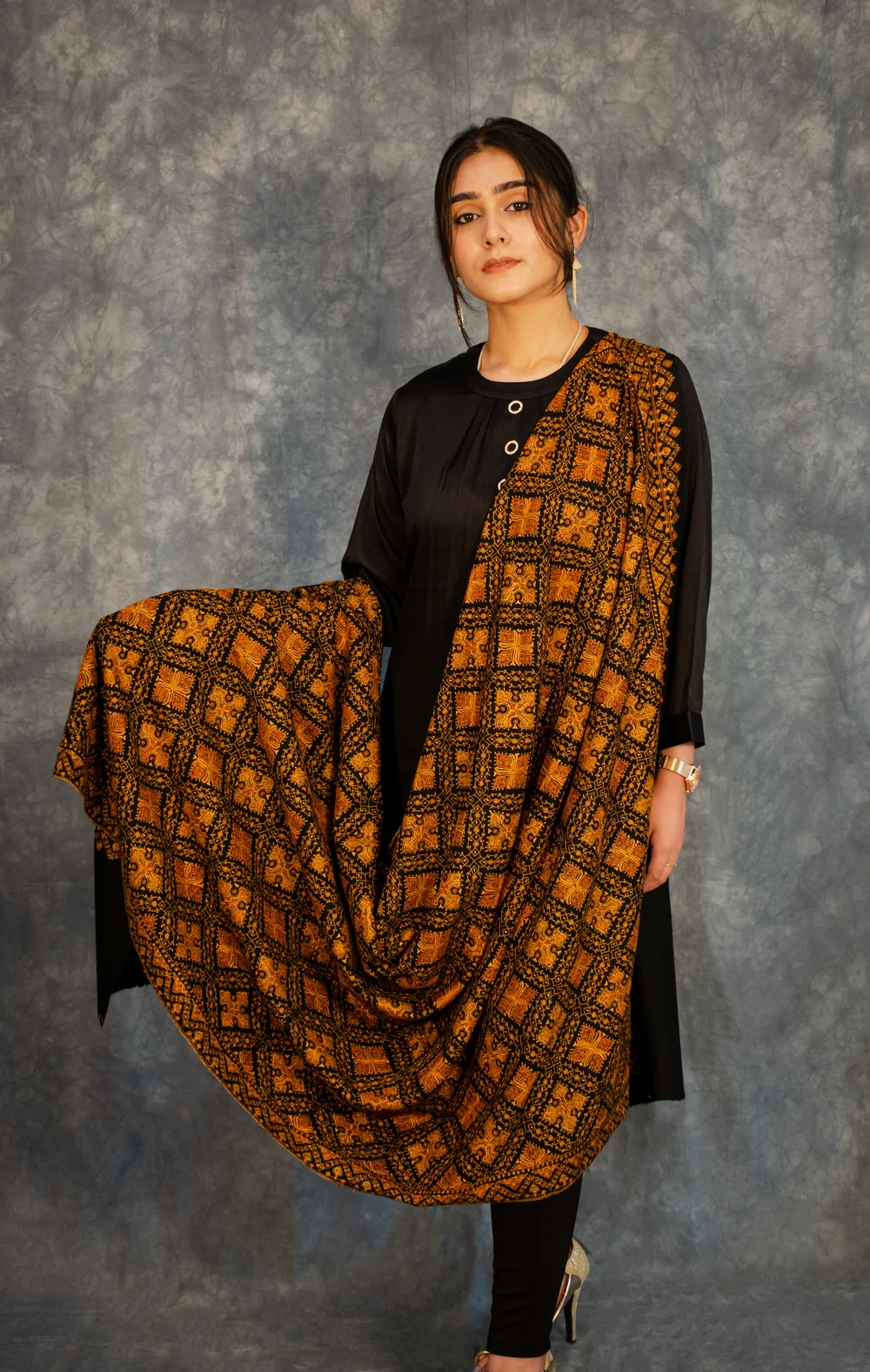 Black Pure Pashmina Shawl With Sozni hand Embroidery Front