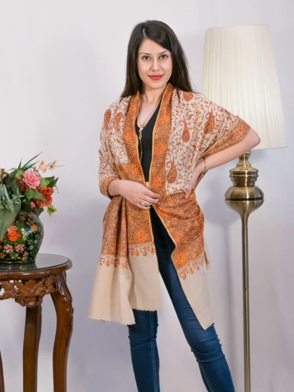 Natural Biege Papier Mache Hand Embroidered Pure Pashmina Shawl