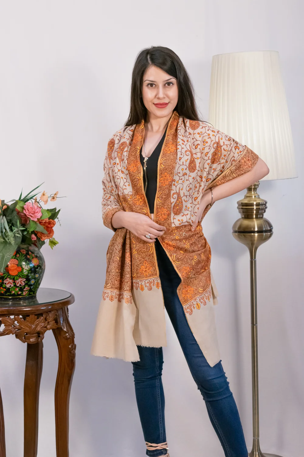 Natural Biege Papier Mache Hand Embroidered Pure Pashmina Shawl Natural Biege Papier Mache Hand Embroidered Pure Pashmina Shawl