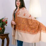 Natural Biege Papier Mache Hand Embroidered Pure Pashmina Shawl front