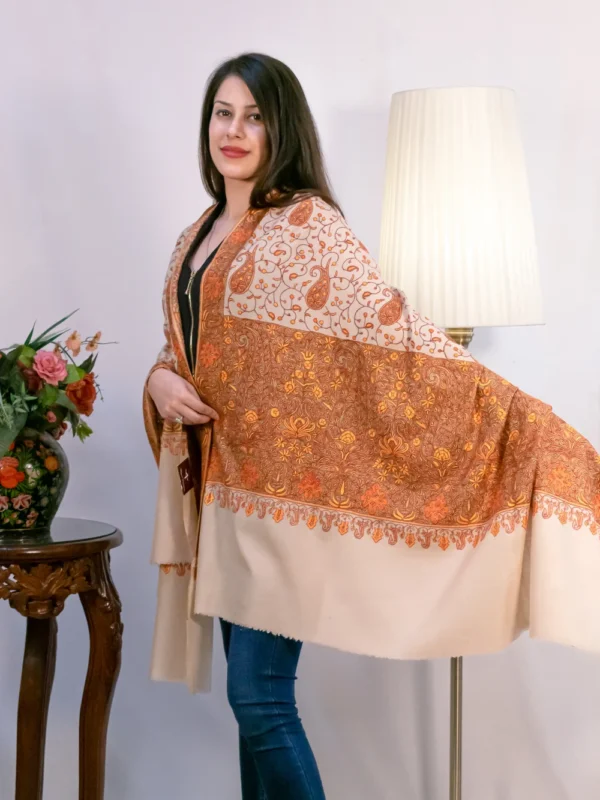 Natural Biege Papier Mache Hand Embroidered Pure Pashmina Shawl front