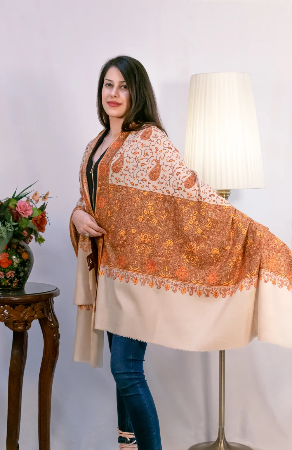 Natural Biege Papier Mache Hand Embroidered Pure Pashmina Shawl front Natural Biege Papier Mache Hand Embroidered Pure Pashmina Shawl front