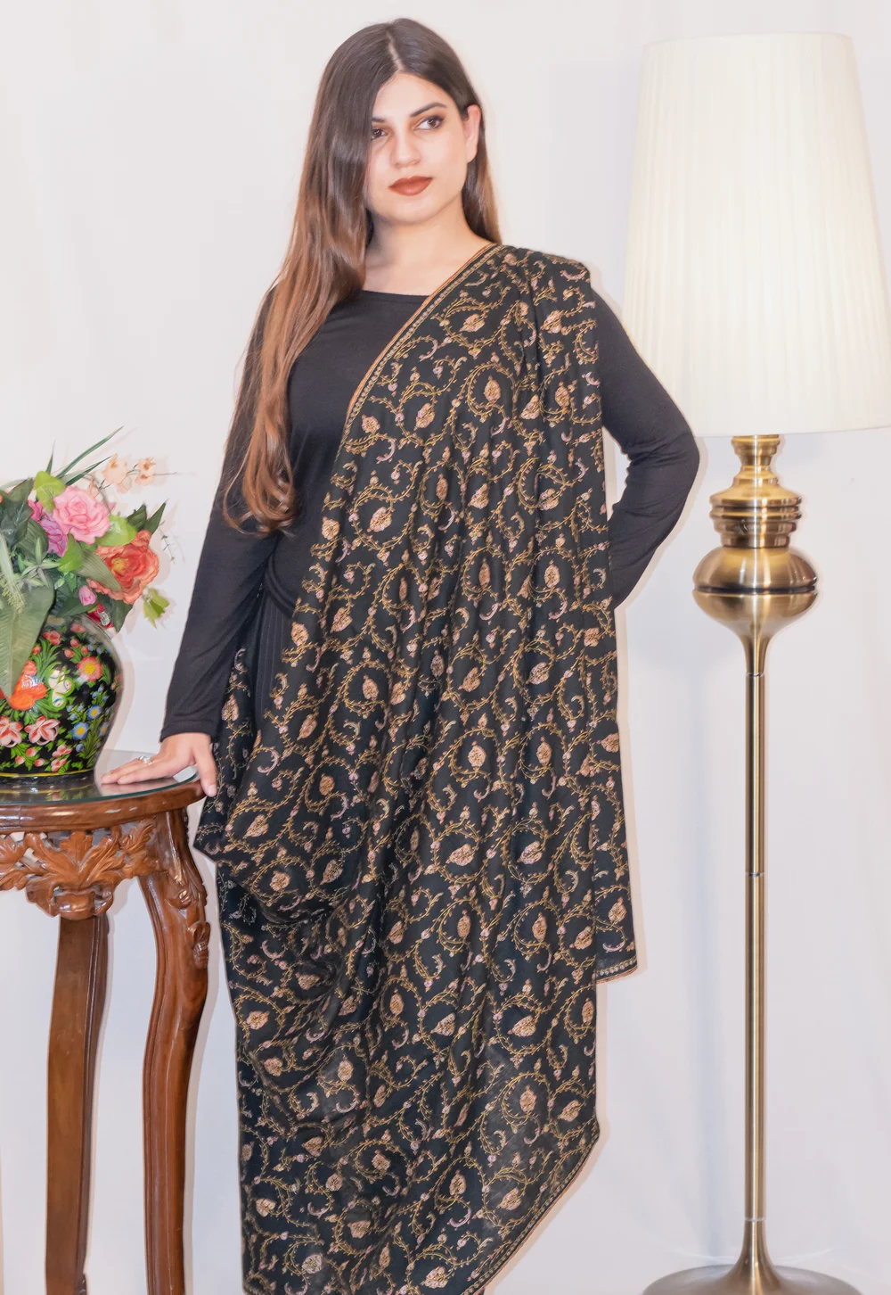 Black Pure Pashmina Shawl With Sozni hand Embroidery front