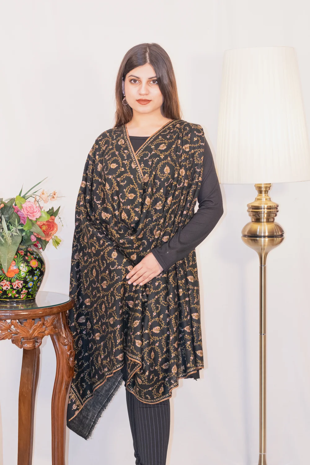 Black Pure Pashmina Shawl With Sozni hand Embroidery
