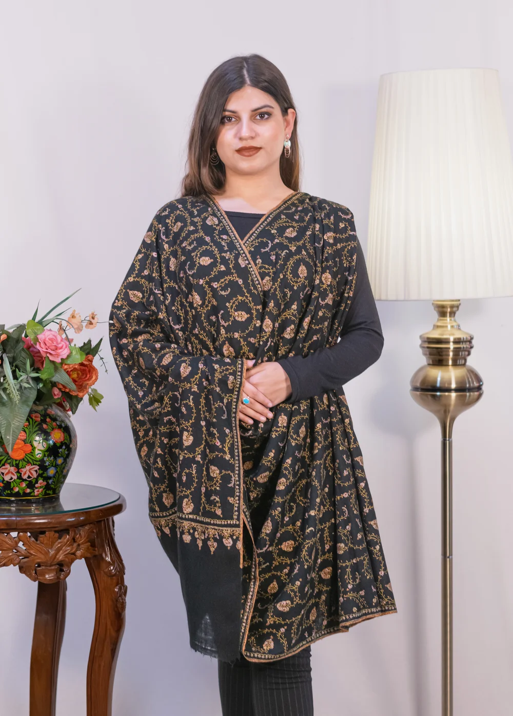 Black Pure Pashmina Shawl With Sozni hand Embroidery