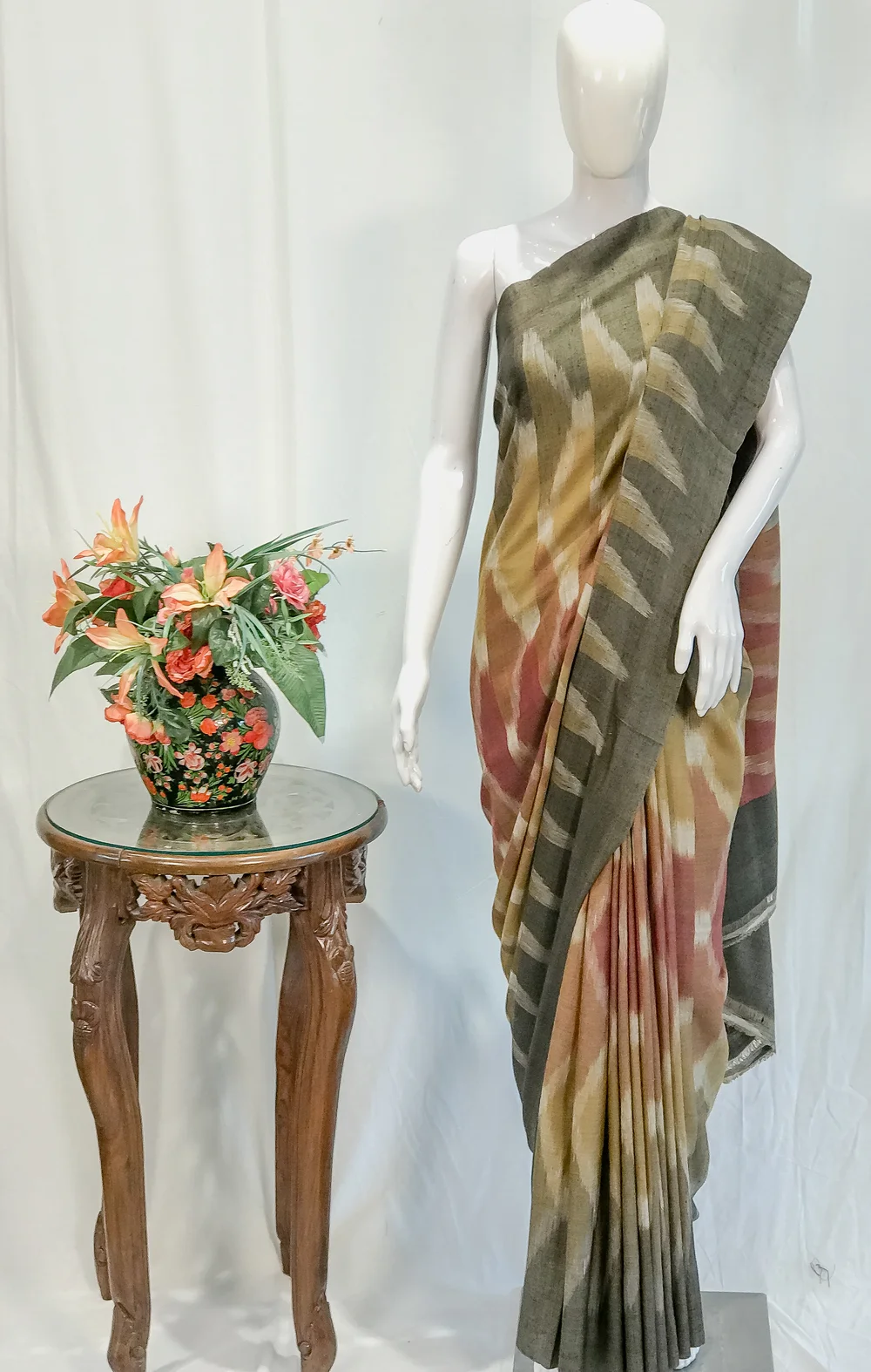 Multi- Colour Pure Pashmina Ikat Saree