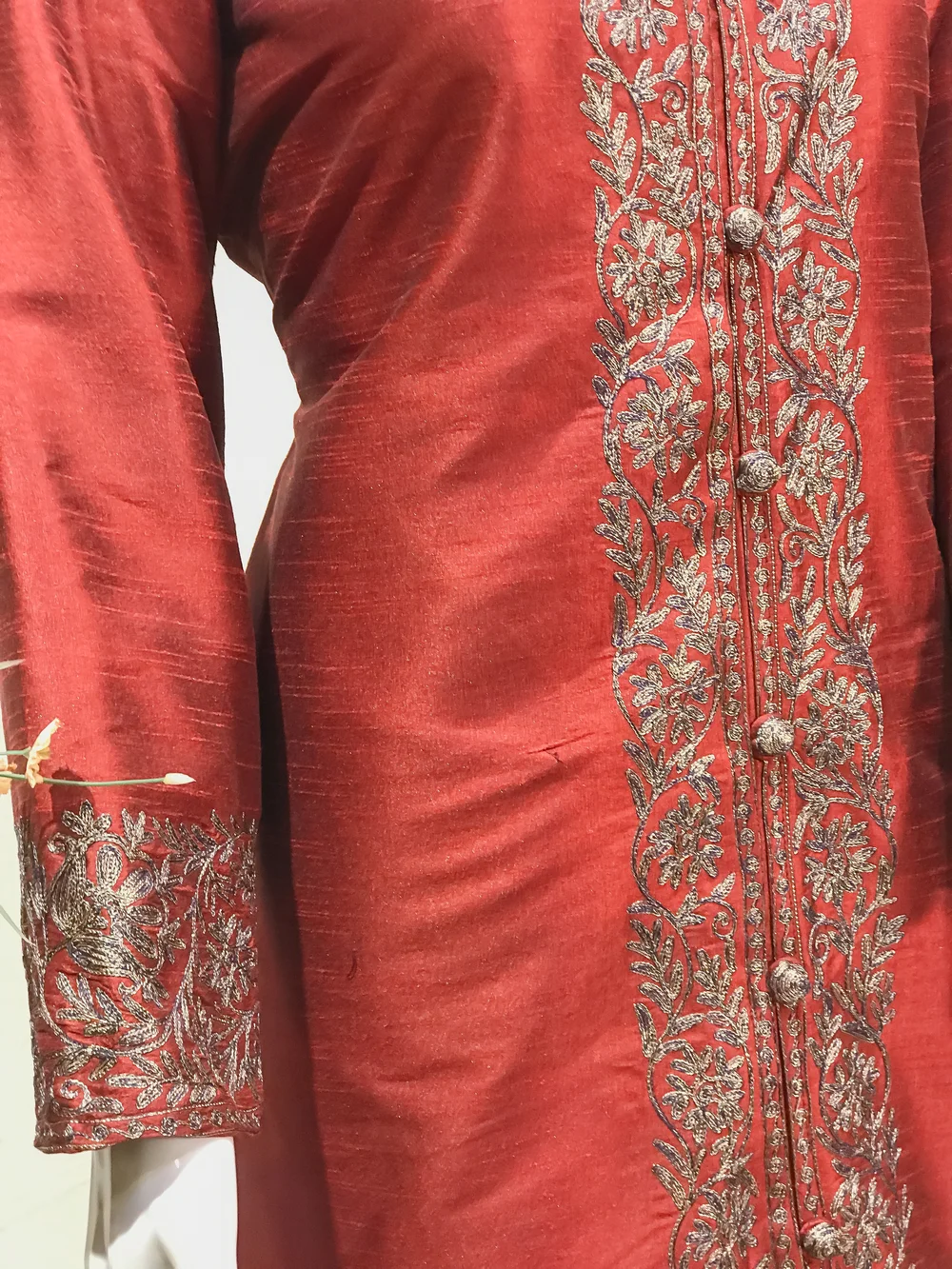 Tilla and Thread Machine Embroidered Jacket: Maroon Front Tilla and Thread Machine Embroidered Jacket: Maroon Front