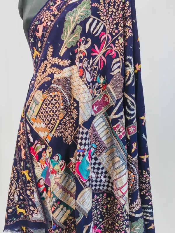 Navy Blue Darbar Pure Pashmina Shawl With Tilla Jaal Hand Embroidery Front