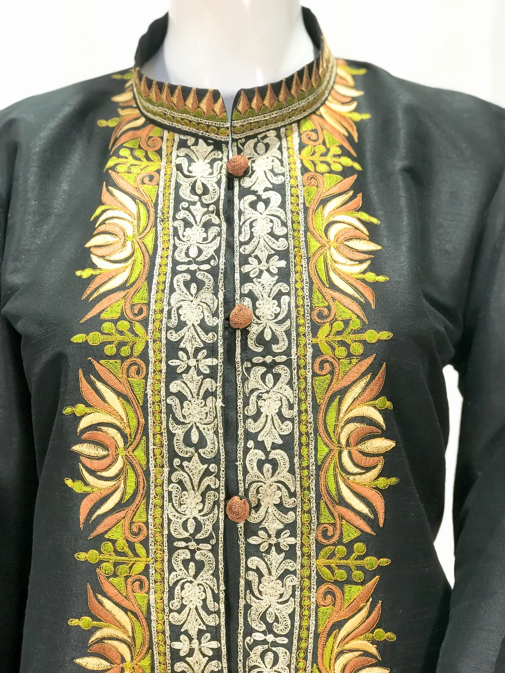 Tilla and Thread Machine Embroidered Art Raw Silk Jacket: Black Front