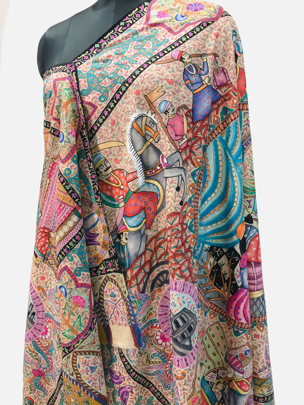 Multi Coloured Pure Pashmina Shawl With Kalamkari Hand Embroidery