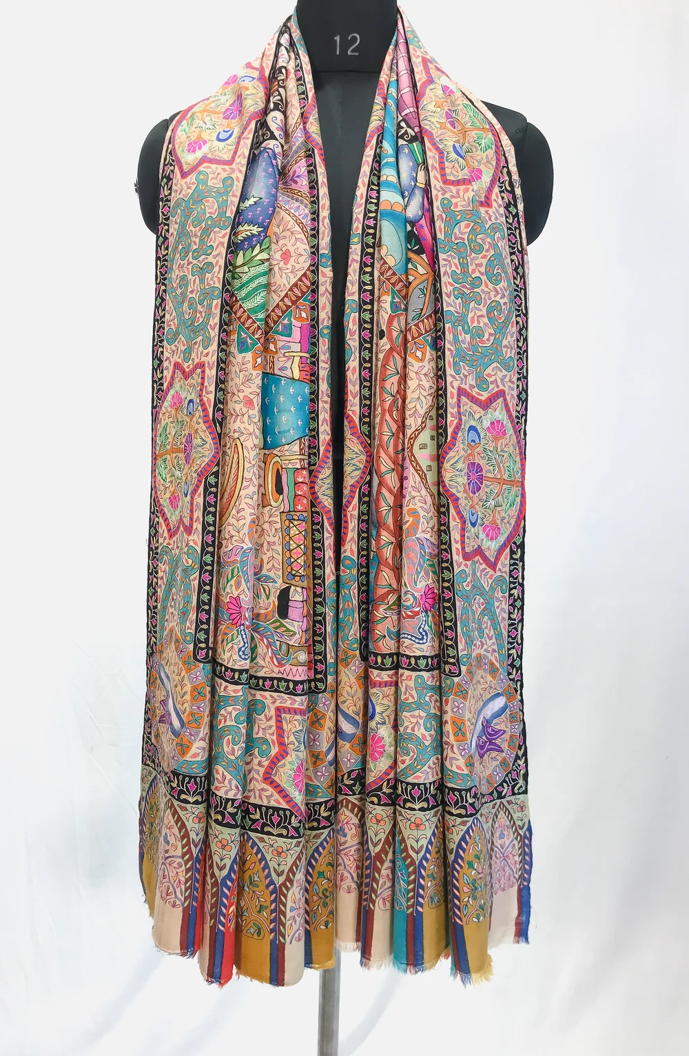 Multi Coloured Pure Pashmina Shawl With Kalamkari Hand Embroidery