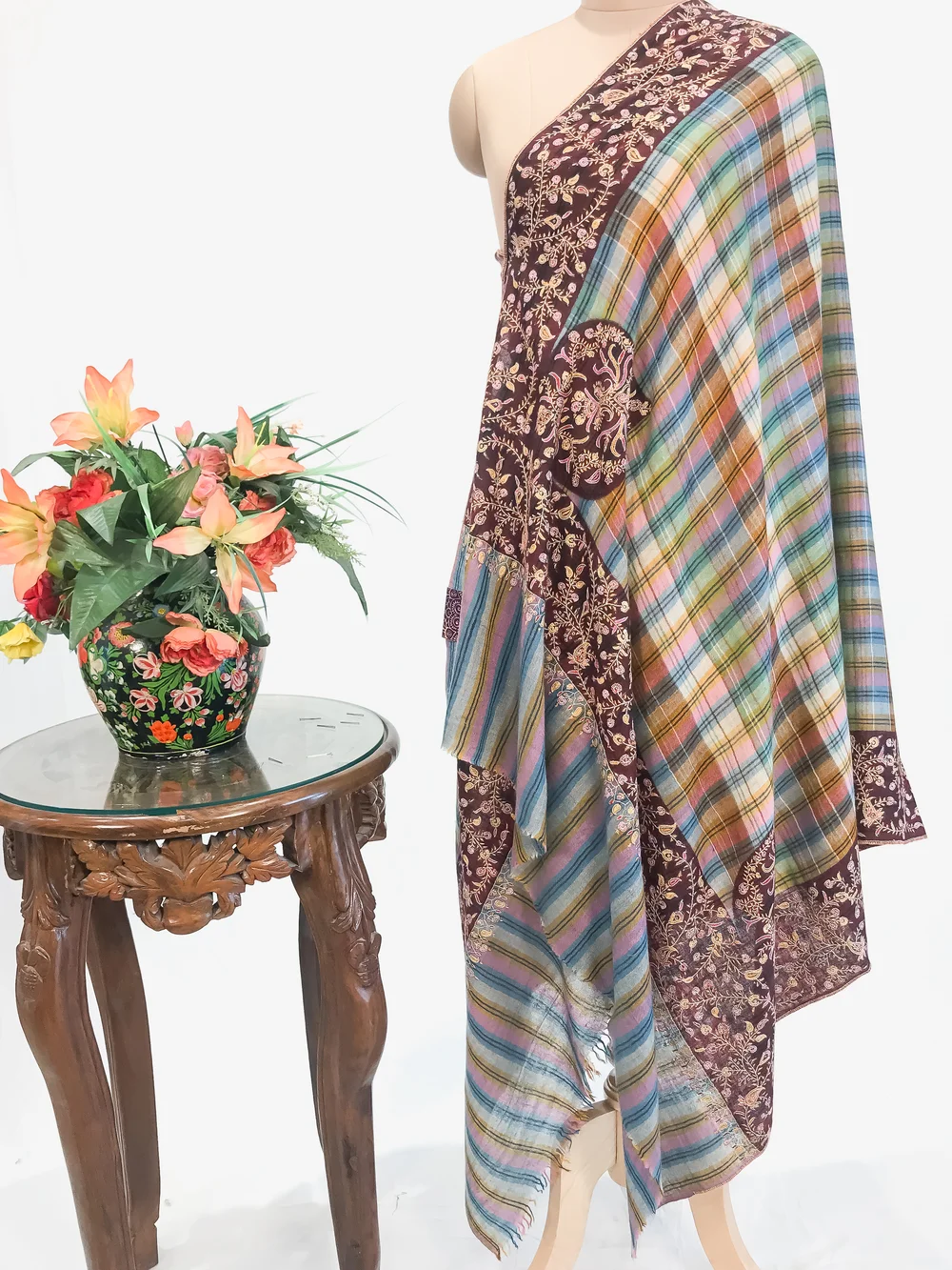 Multi Coloured Pure Pashmina Shawl With Sozni hand Embroidery