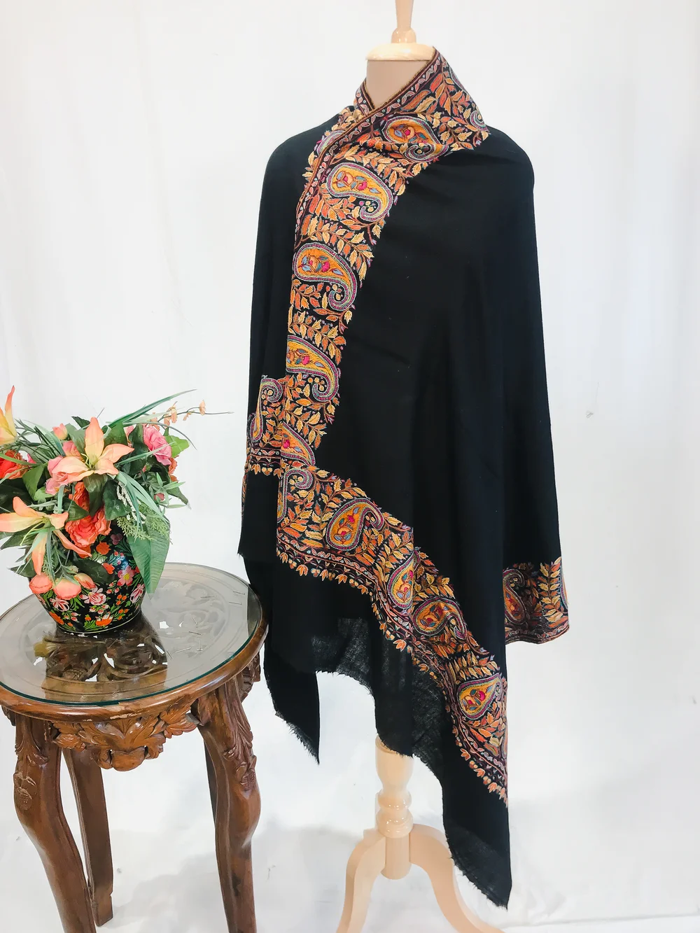 Black Pure Pashmina Shawl With Sozni hand Embroidery