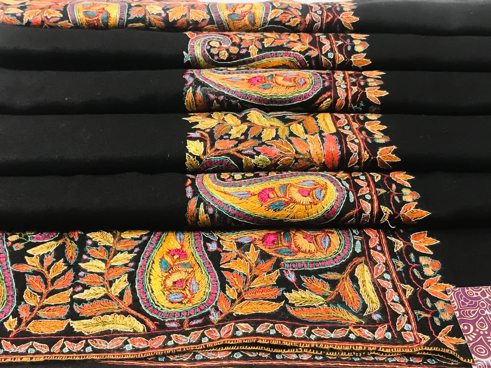 Black Pure Pashmina Shawl With Sozni hand Embroidery