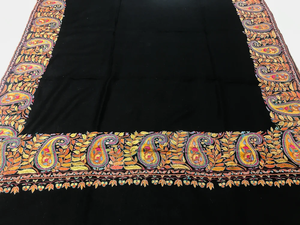 Black Pure Pashmina Shawl With Sozni hand Embroidery