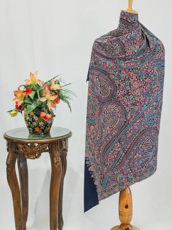 Prussian Blue Pure Pashmina Shawl With Paper Mache Jamawar Hand Embroidery