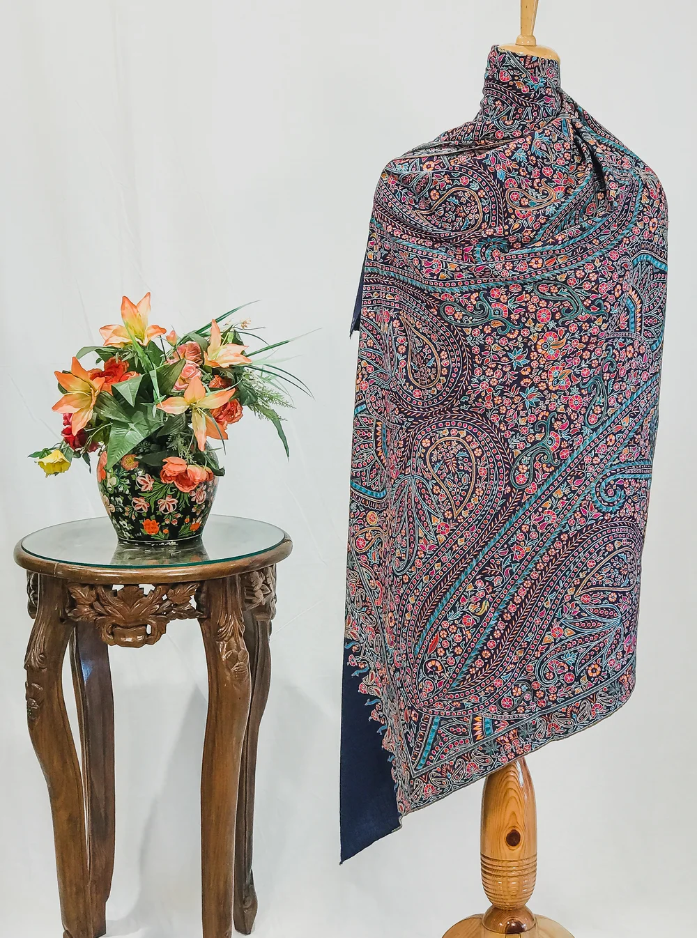 Prussian Blue Pure Pashmina Shawl With Paper Mache Jamawar Hand Embroidery