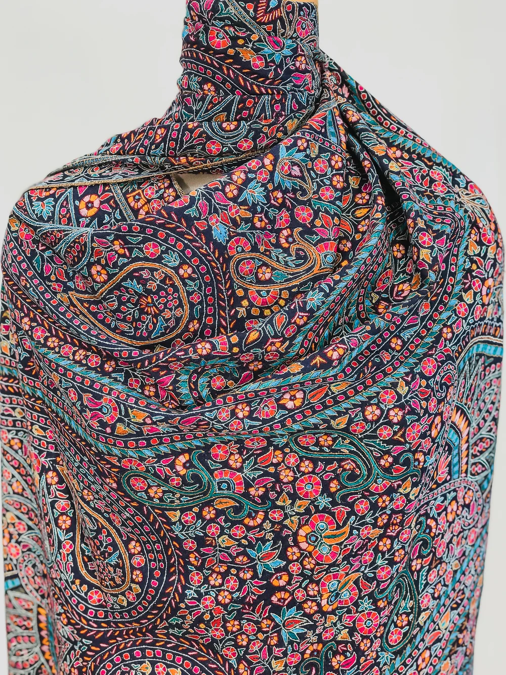 Prussian Blue Pure Pashmina Shawl With Paper Mache Jamawar Hand Embroidery Front