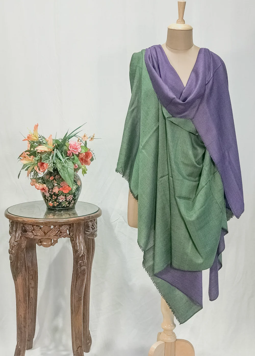 Green and Purple Pure Pashmina Reversible Shawl
