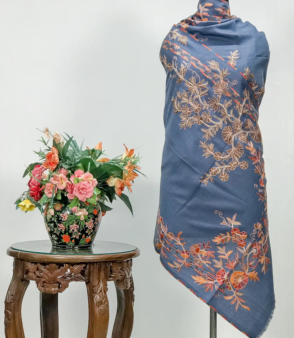 Airforce Blue Pure Pashmina Shawl With Tilla and Thread Machine Embroidery Airforce Blue Pure Pashmina Shawl With Tilla and Thread Machine Embroidery