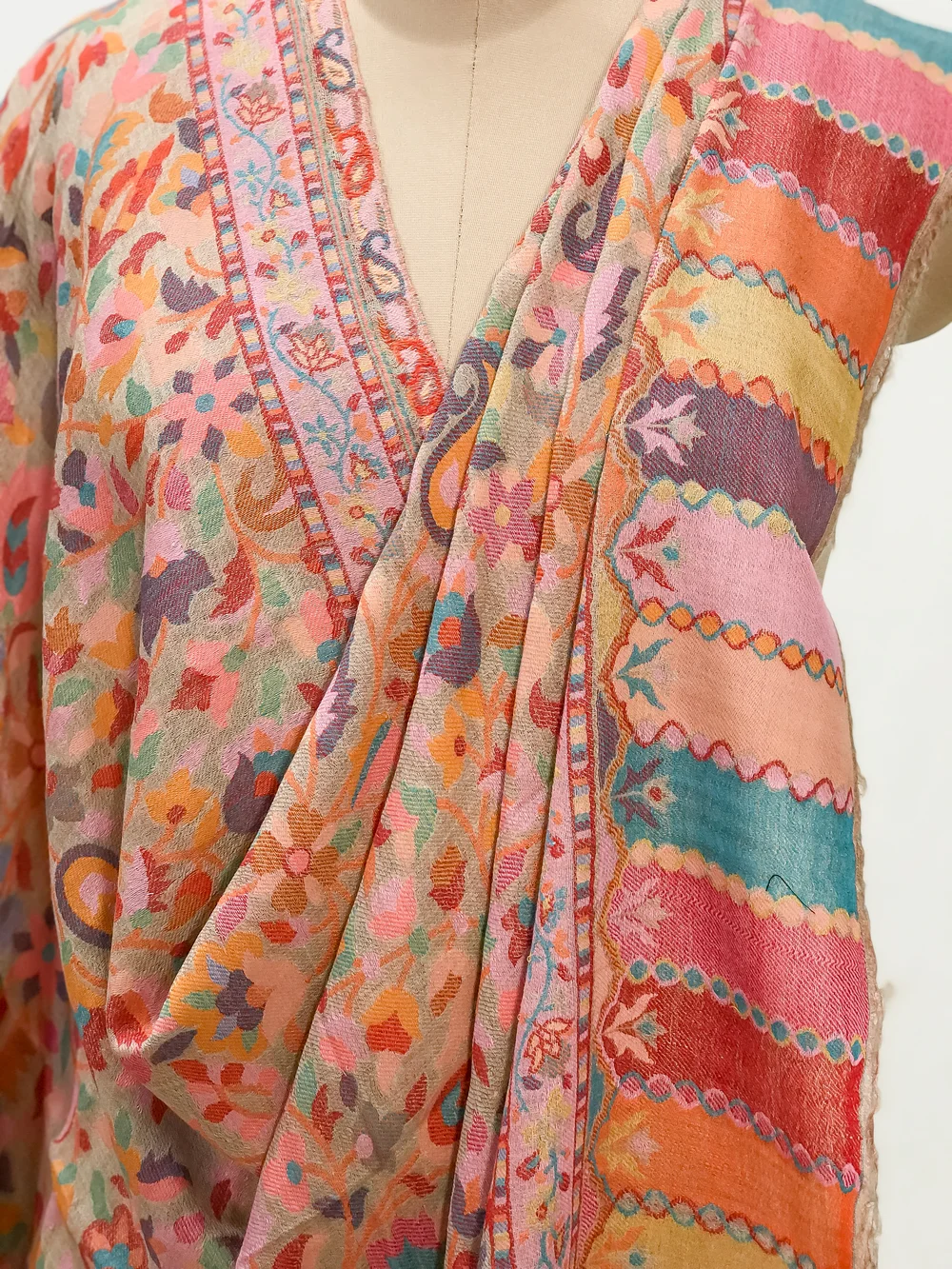 Natural Fine Wool Shawl: Shades of Red and Pink Front