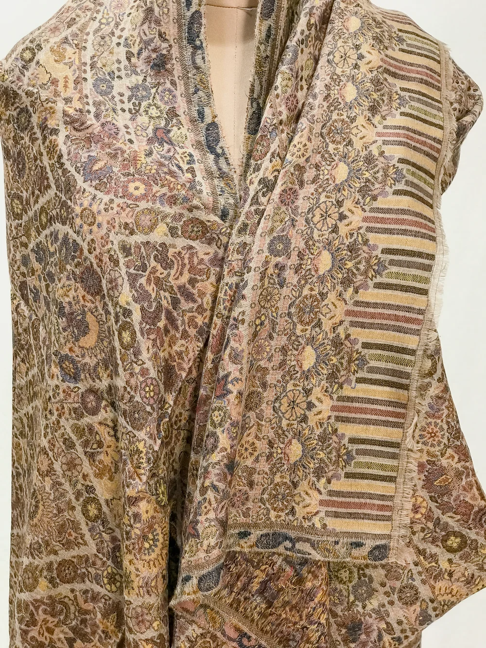 Natural Pure Wool Shawl: Shades of Brown, Blue and Yellow Front