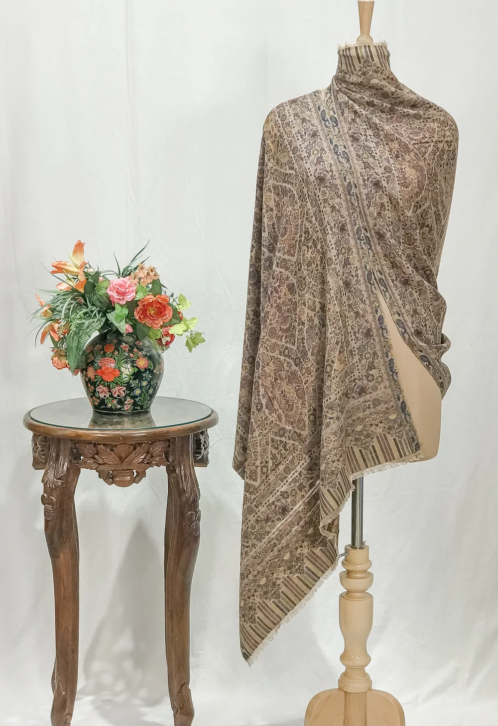 Natural Pashmina Stole: Shades of Brown, Blue and Yellow