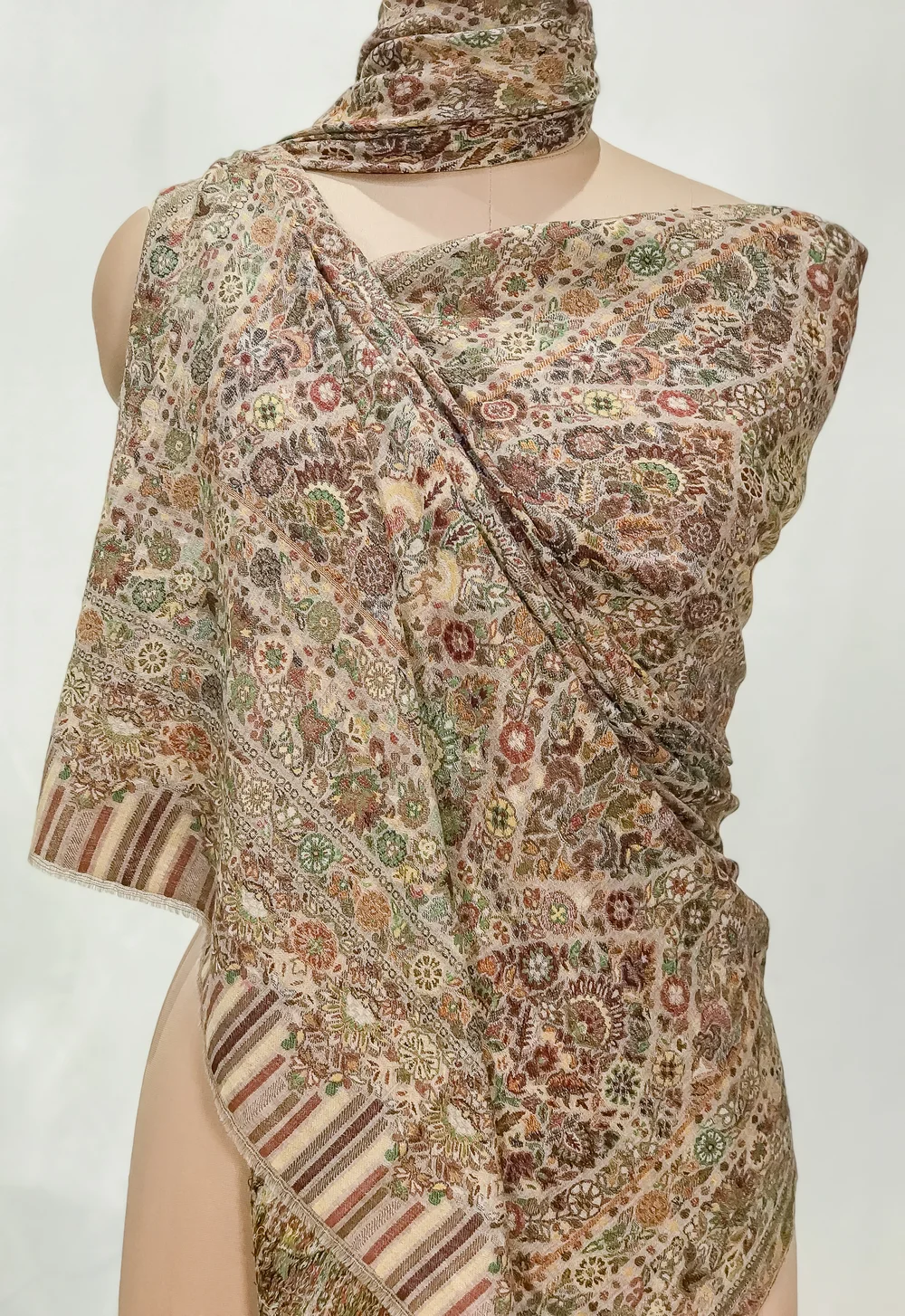 Natural Pure Wool Shawl: Shades of Maroon, Green and Yellow Front Natural Pure Wool Shawl: Shades of Maroon, Green and Yellow Front