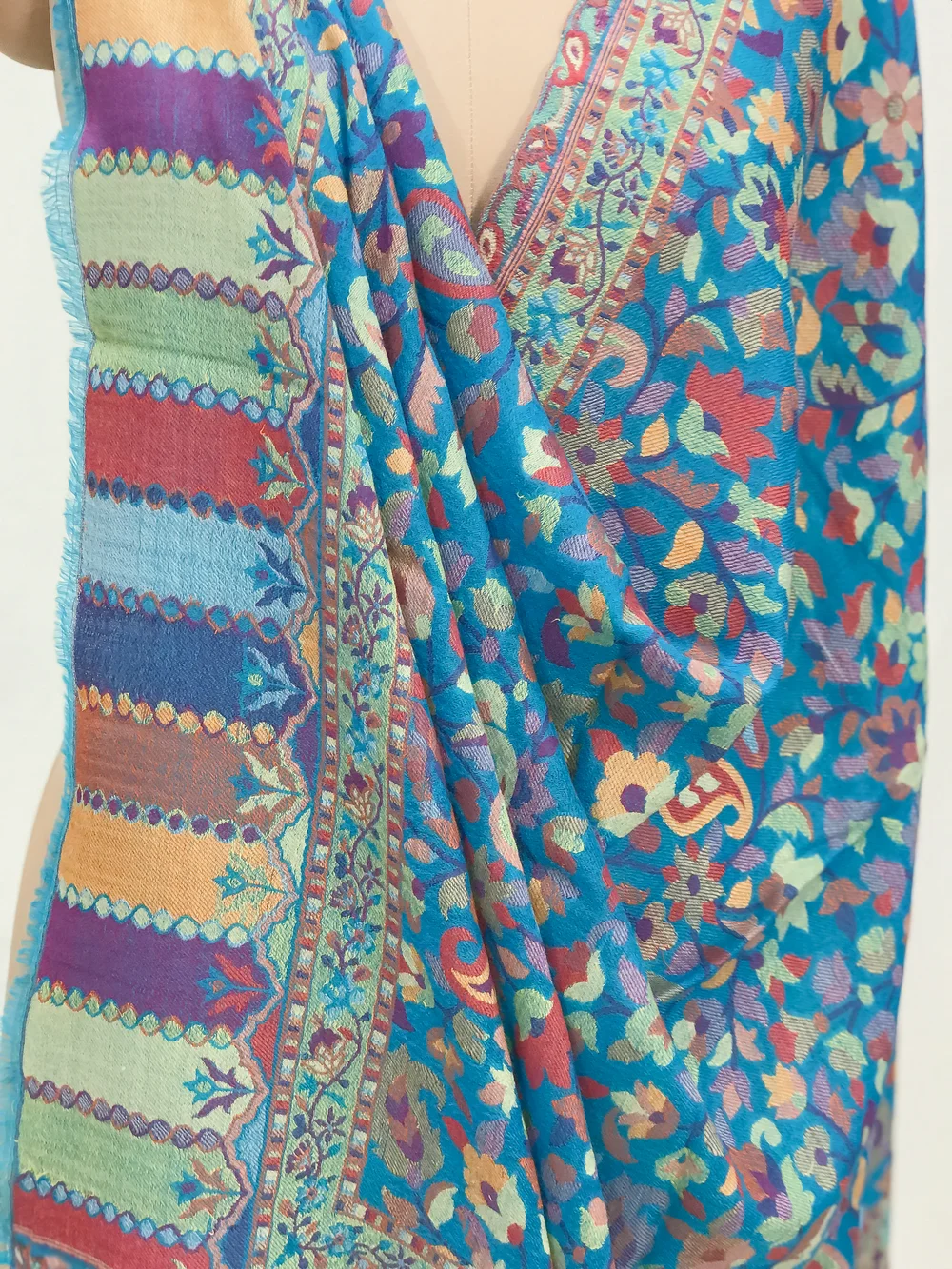 Blue Fine Wool Shawl: Shades of Blue, Yellow and Pink Front