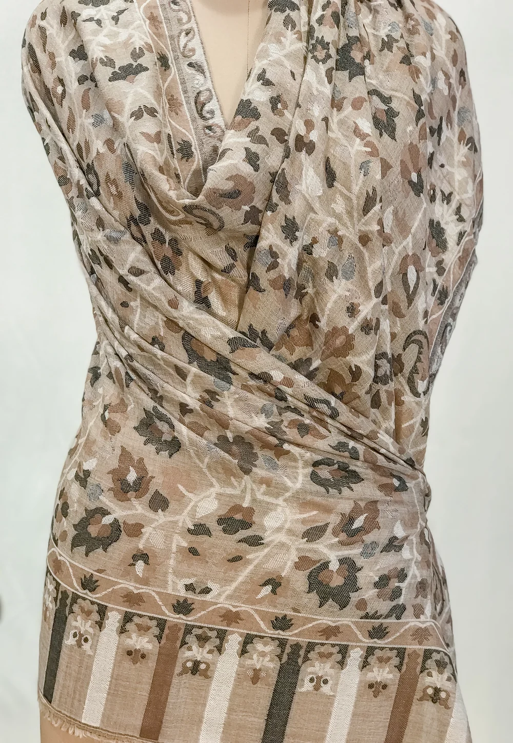 Natural Fine Wool Shawl: Shades of Black, White and Brown Front Natural Fine Wool Shawl: Shades of Black, White and Brown Front