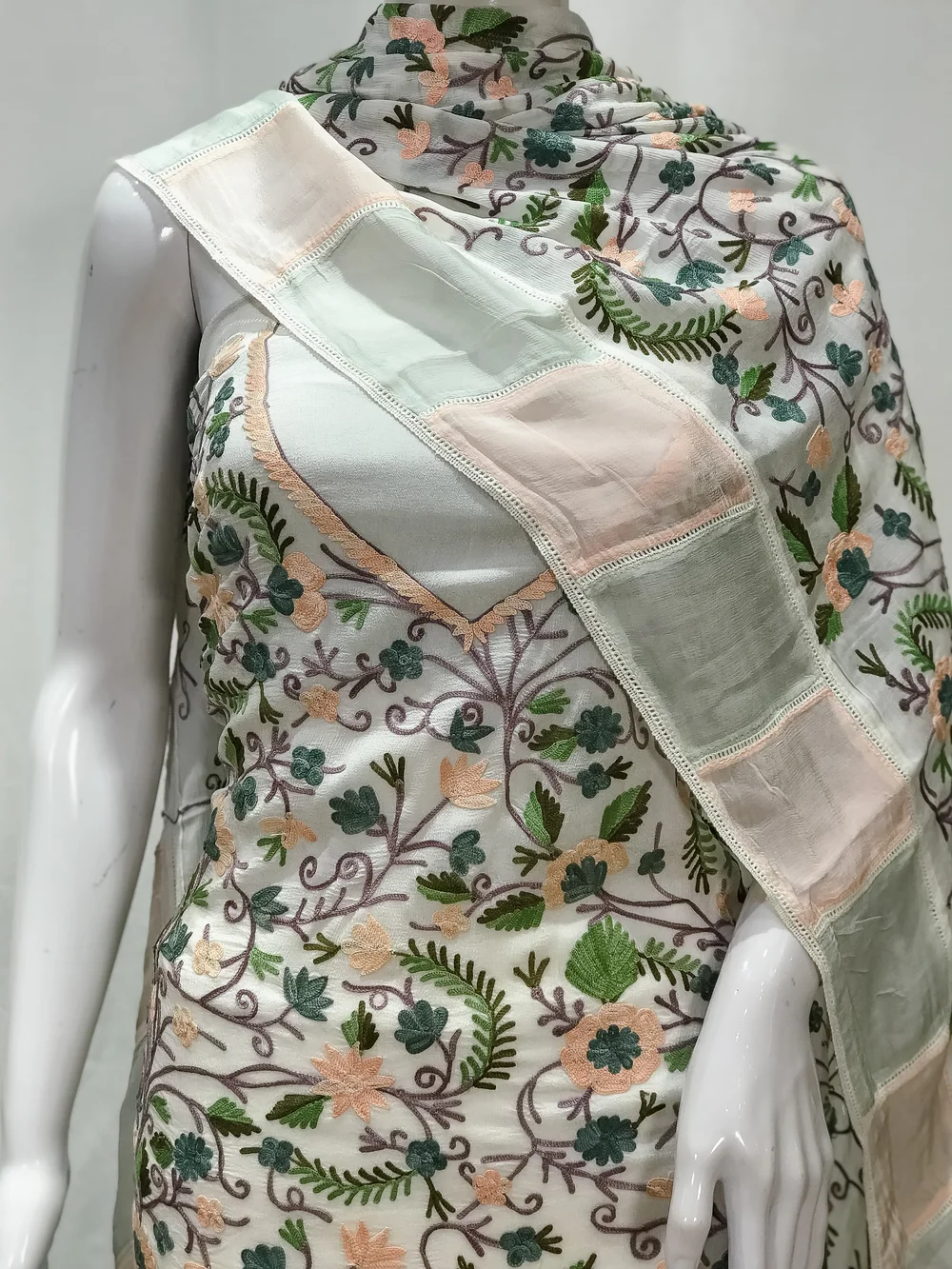 White Aari Embroidered Kashmiri Suit Front