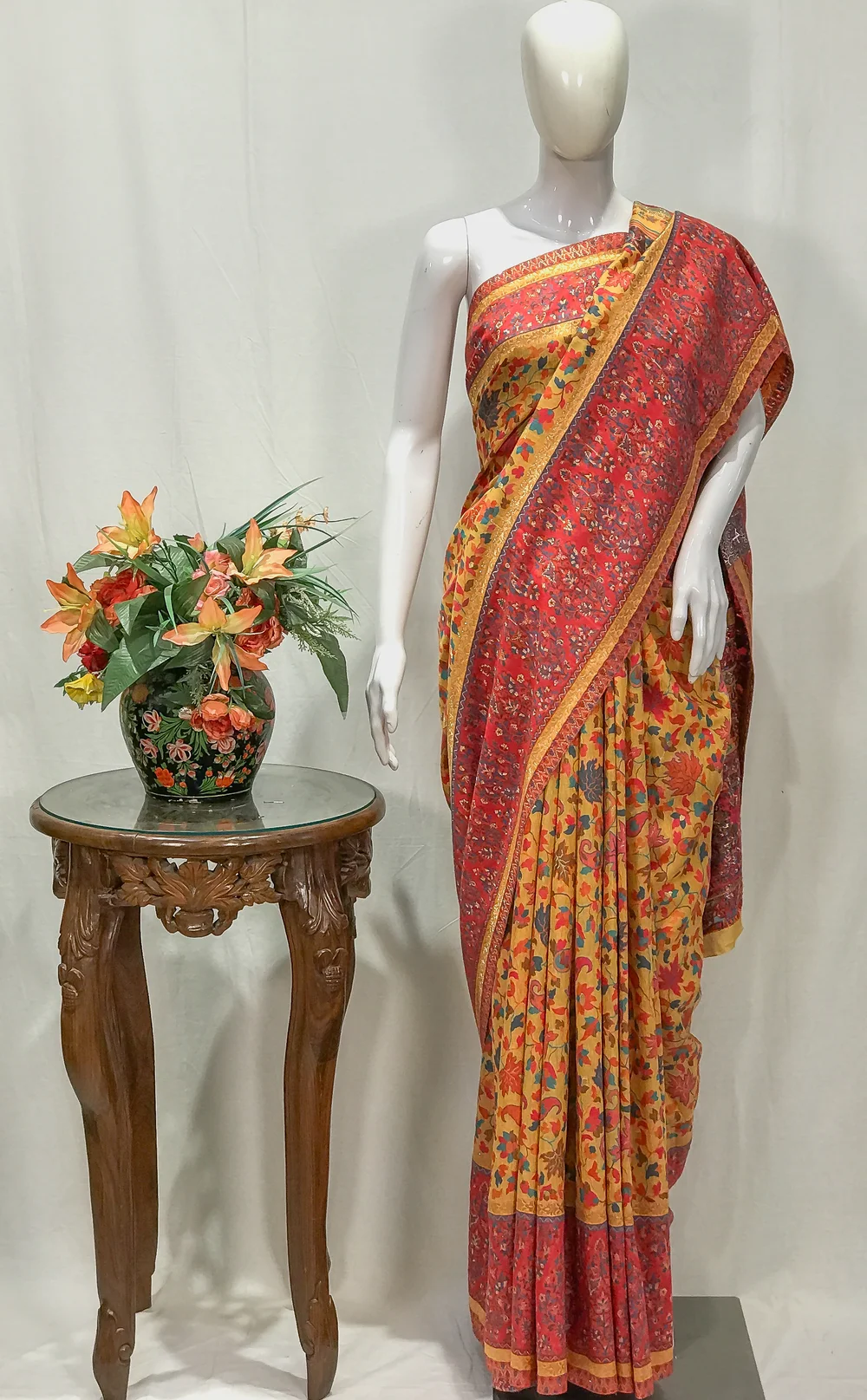 Yellow and Pink Modal Silk Kani Saree with Floral Pallu Design