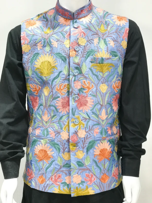 Aqua Blue Nehru Jacket With Kashmiri Aari Embroidery