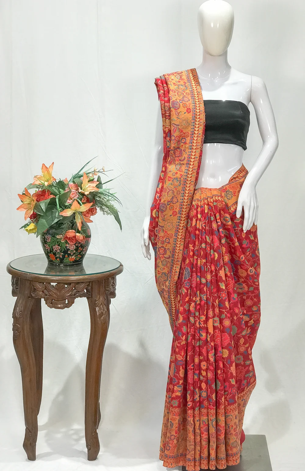 Red Modal Silk Kani Saree with Floral Design