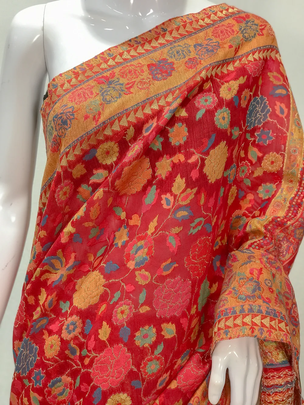 Red Modal Silk Kani Saree with Floral Design Front