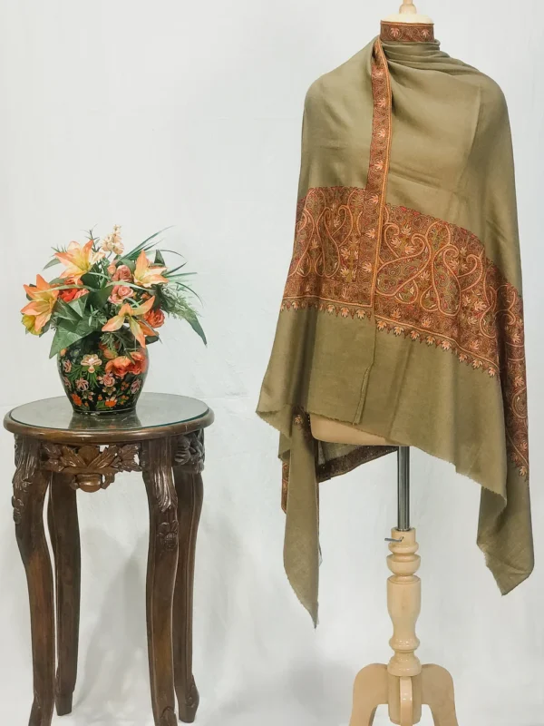 Natural Beige Pure Pashmina Shawl With Sozni Hand Embroidery