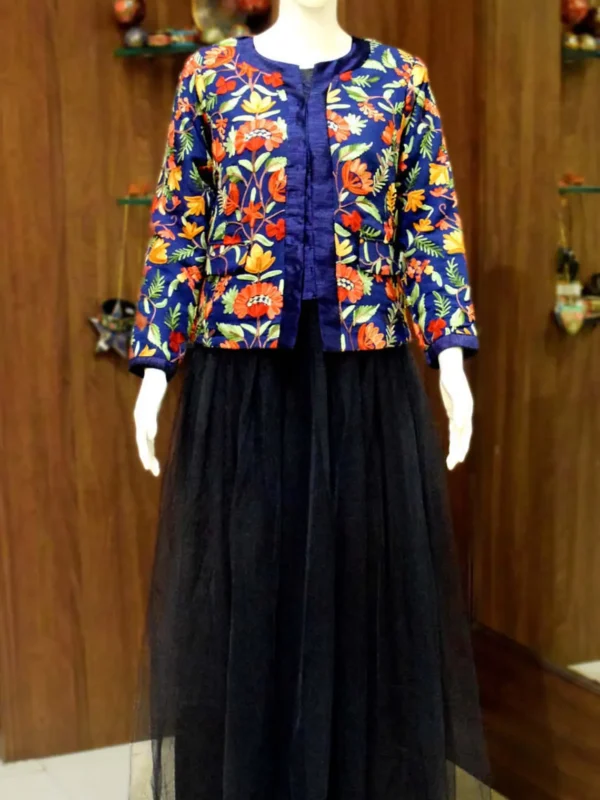 Navy Blue Art Raw Silk Bolero Jacket With Aari Embroidery