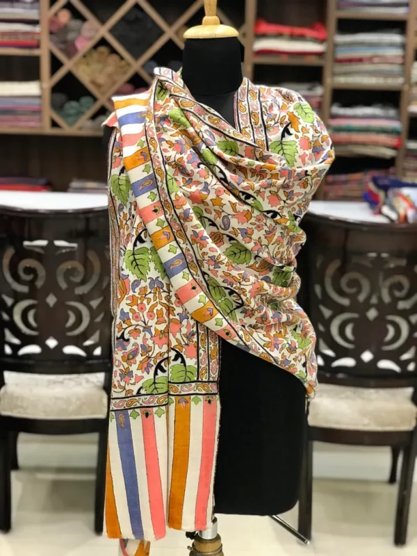 White Pure Pashmina Kalamkari Shawl Hand Painted and Hand Embroidered