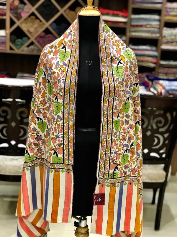 White Pure Pashmina Kalamkari Shawl Hand Painted and Hand Embroidered