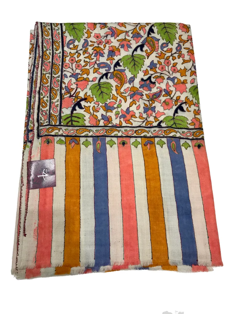 White Pure Pashmina Kalamkari Shawl Hand Painted and Hand Embroidered