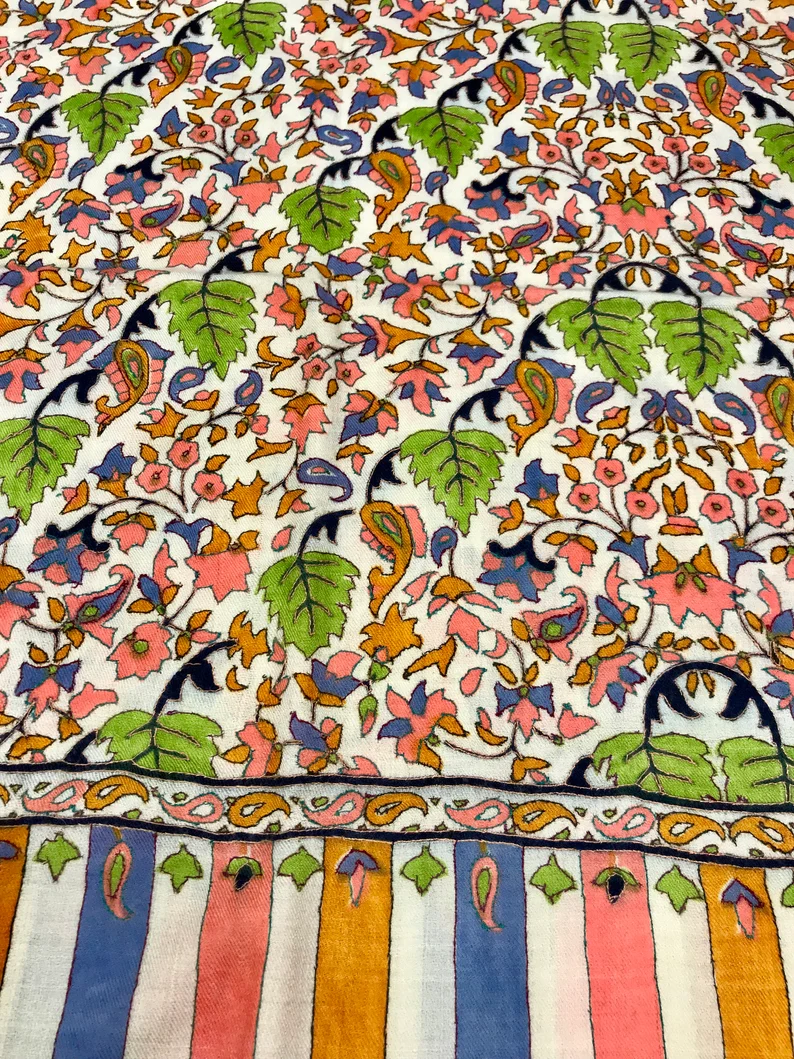 White Pure Pashmina Kalamkari Shawl Hand Painted and Hand Embroidered