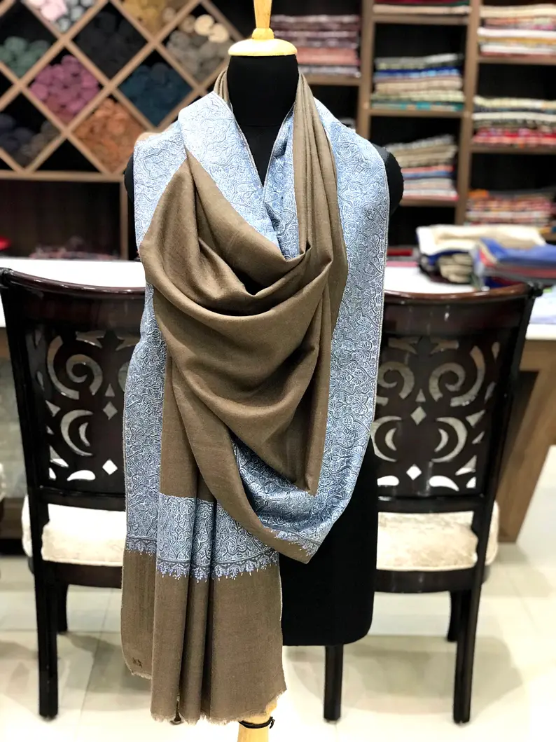 Natural Beige Pure Pashmina Shawl with Sozni Hand Embroidery