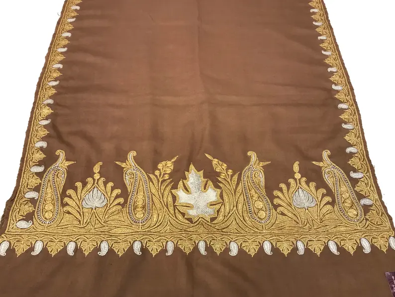 Brown Pure Pashmina Shawl With Zari Hand Embroidery