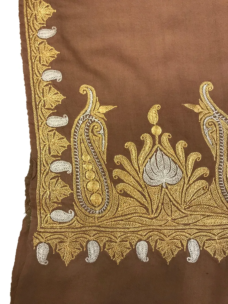 Brown Pure Pashmina Shawl With Zari Hand Embroidery