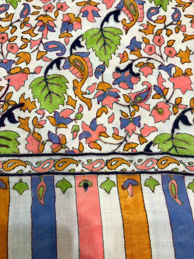 White Pure Pashmina Kalamkari Shawl Hand Painted and Hand Embroidered