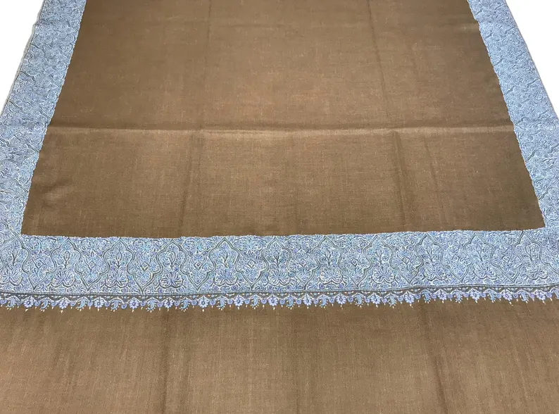 Natural Beige Pure Pashmina Shawl with Sozni Hand Embroidery