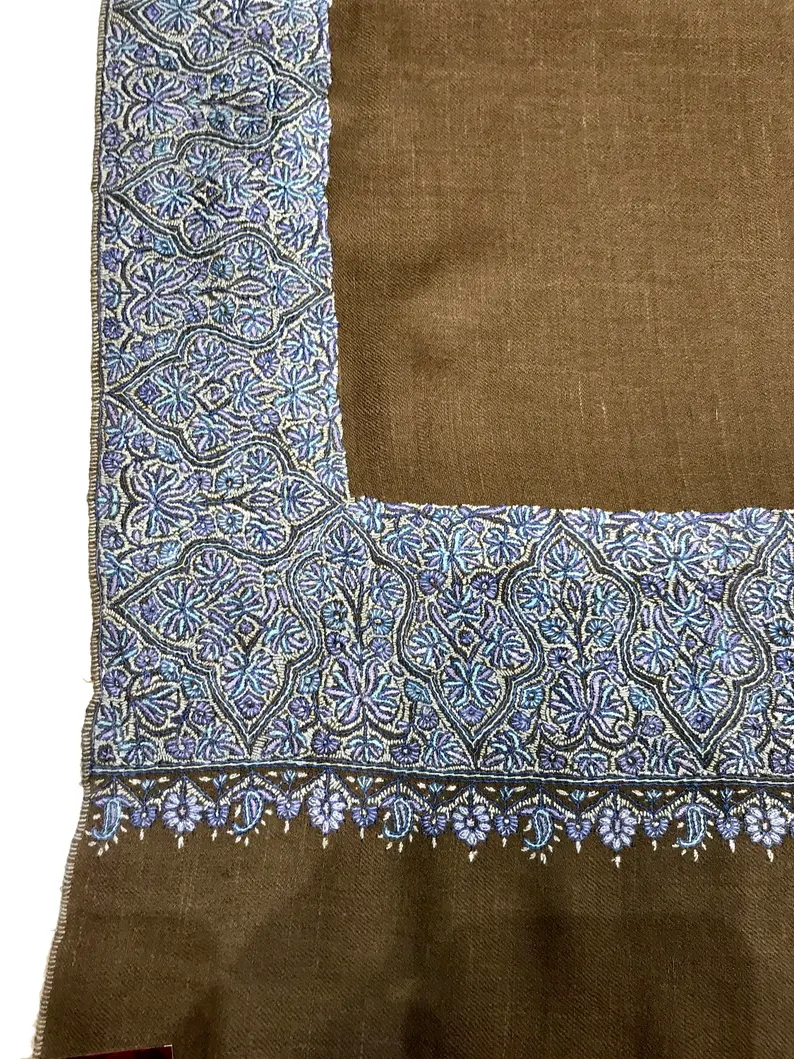 Natural Beige Pure Pashmina Shawl with Sozni Hand Embroidery