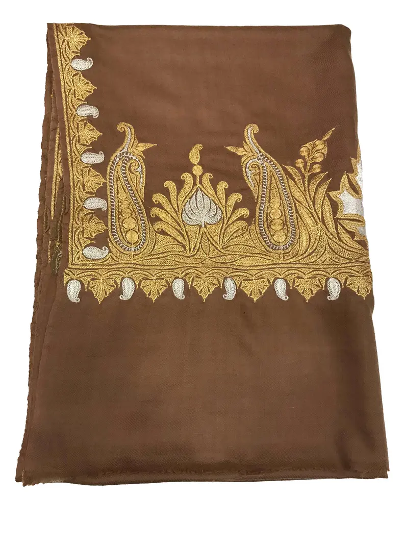 Brown Pure Pashmina Shawl With Zari Hand Embroidery