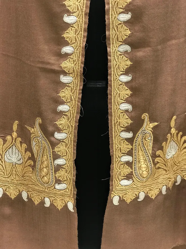 Brown Pure Pashmina Shawl With Zari Hand Embroidery