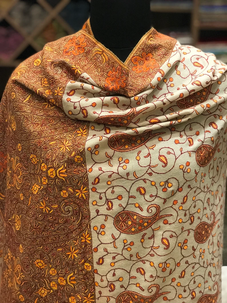 Natural Biege Papier Mache Hand Embroidered Pure Pashmina Shawl Front Natural Biege Papier Mache Hand Embroidered Pure Pashmina Shawl Front